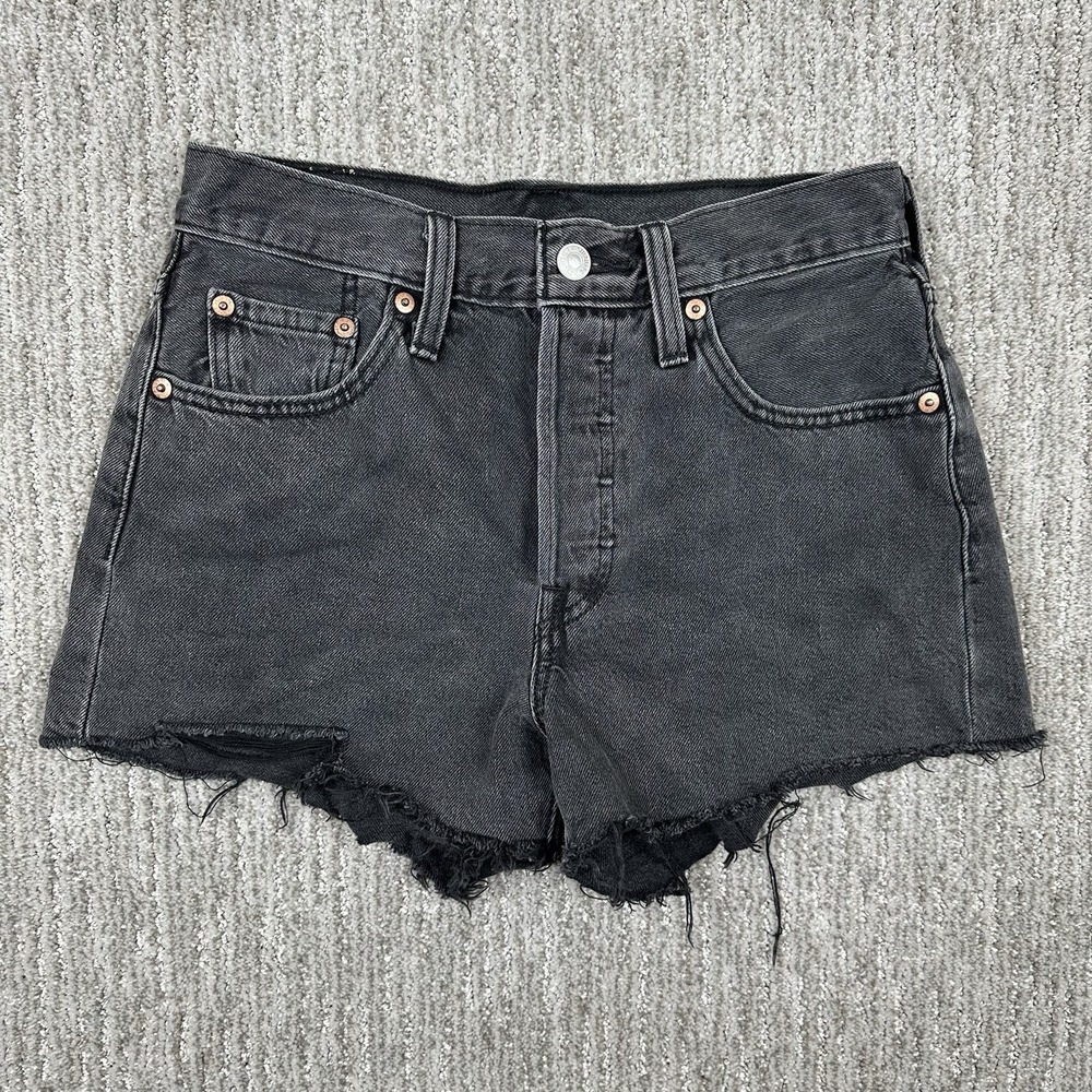 Levis 501 Shorts Womens 25 Black Distressed High Rise Cutoff Denim Button Fly